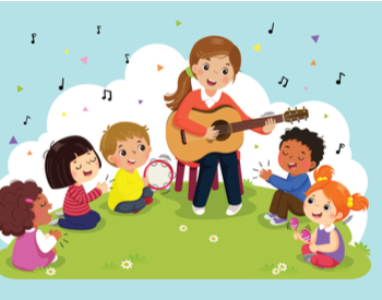 cours de musique avec enfants jouant tambourin et professeur de muisique guitare