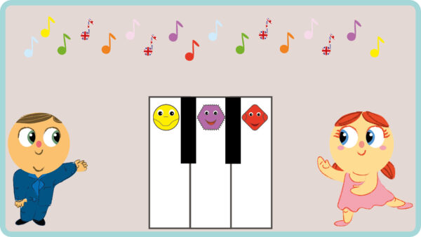 Notes de musique et piano avec couleur et personnages attachants