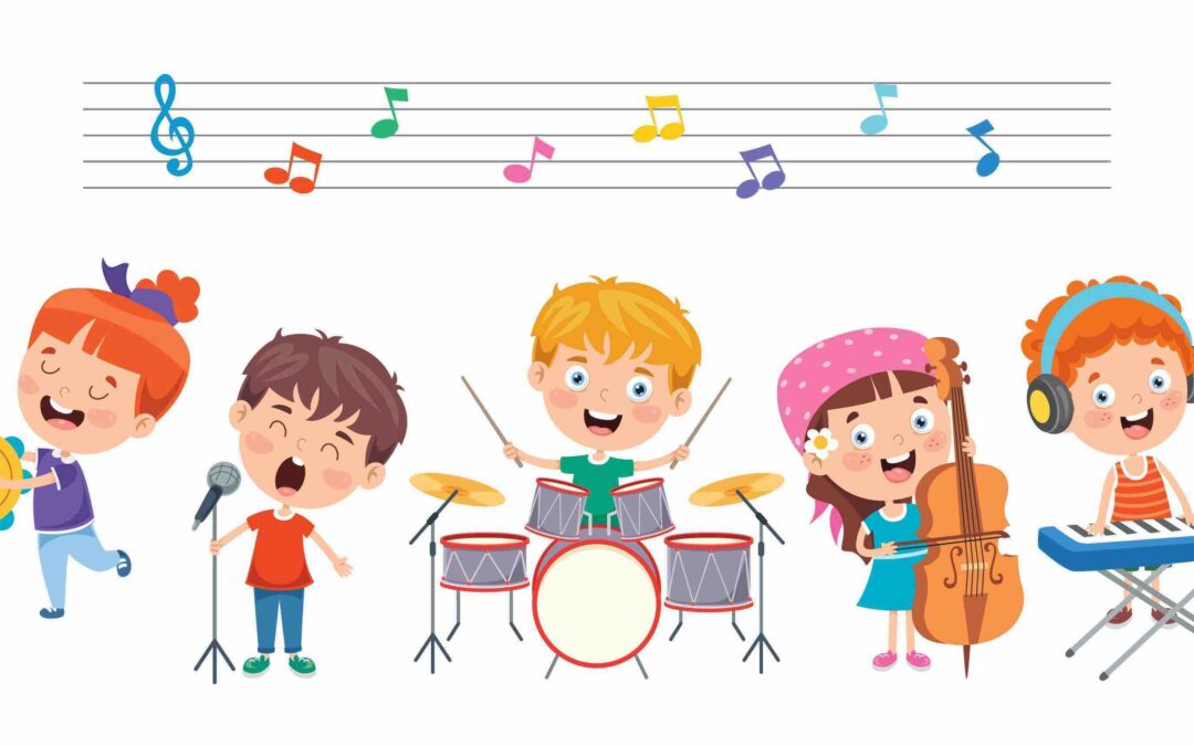 Enfants qui jouent différentes familles d'instruments : corde, percussion, vent