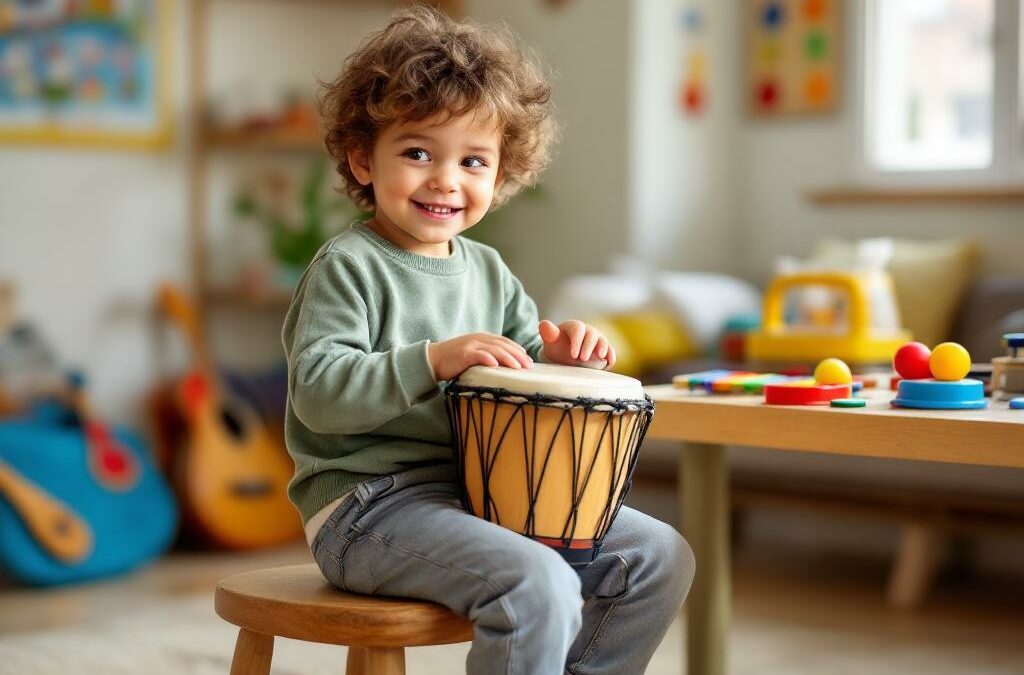 cours percussion enfant 3 ans sur un djembé